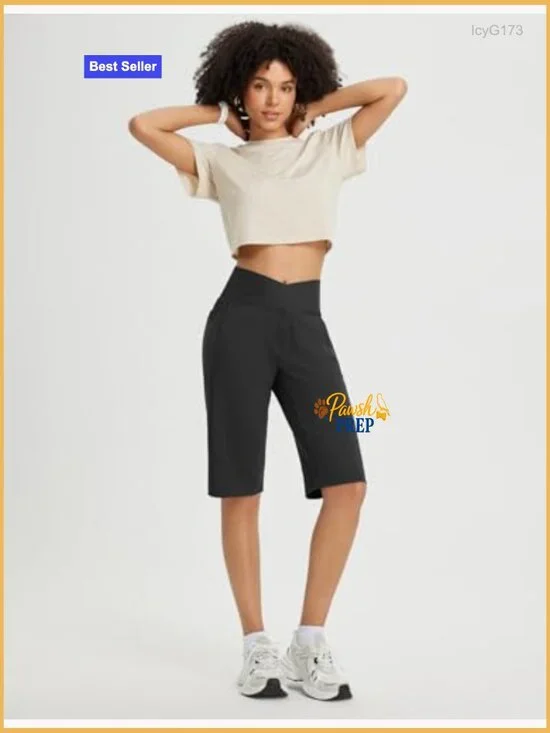 High Waisted Athletic Bermuda Shorts 14" Knee Length with Pockets Stretch - Picture 7 of 7